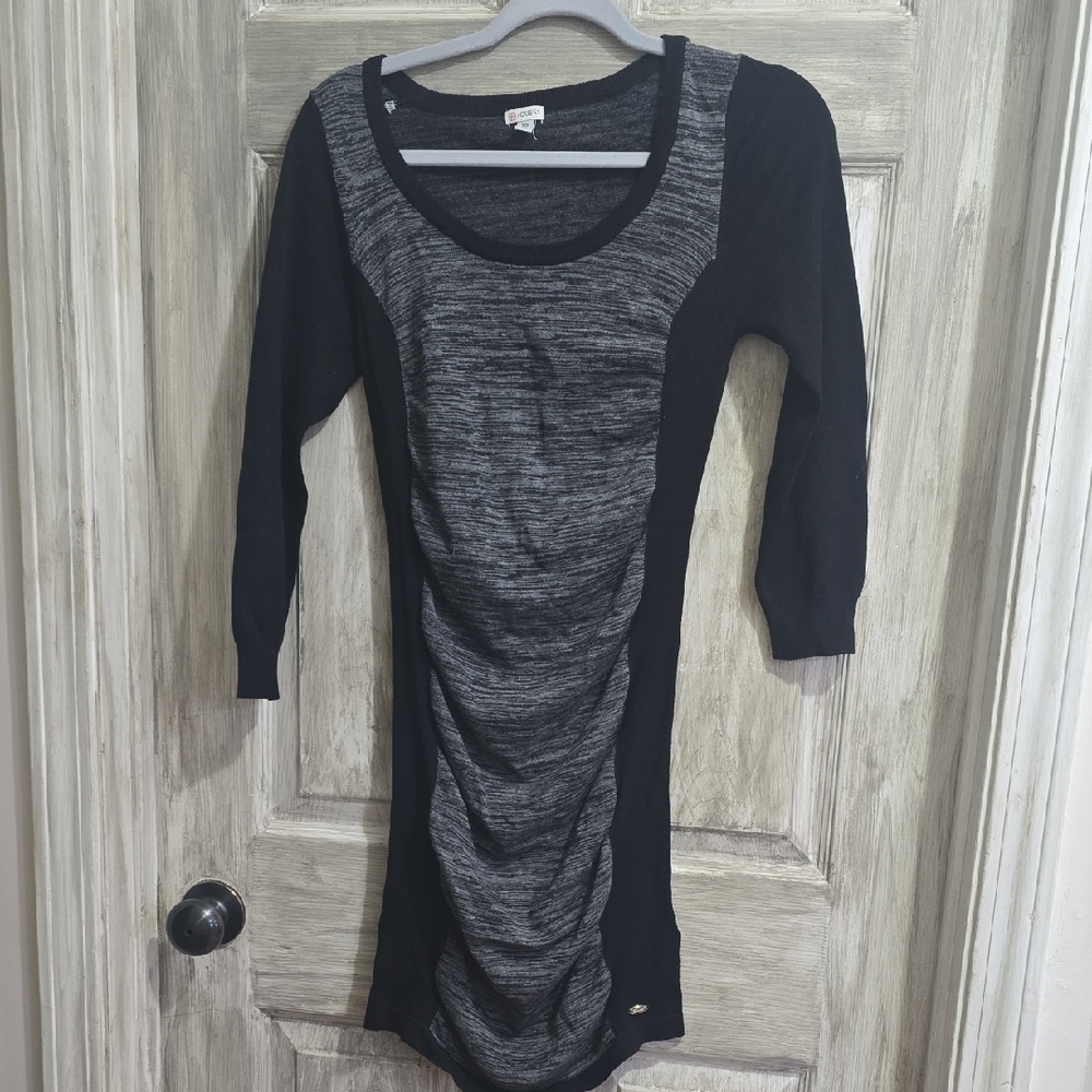 Guess Black and Gray Ruched Long Sleeve Sweater Dress
